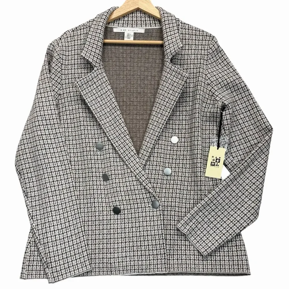 Max Studio Womens Blazer Jacket Sz L Brown Black White Houndstooth Double Breast